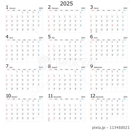 2025年1月から12月の年間カレンダー 113488021