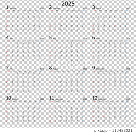 2025年1月から12月の年間カレンダー 113488021