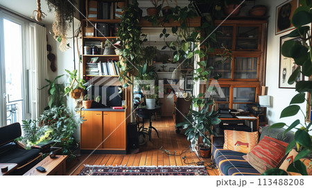 観葉植物がたくさんある部屋のイメージ。オシャレなインテリア 観葉植物がたくさんある部屋のイメージ。オシャレなインテリア 113488208