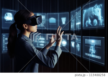 Woman with a glasses of Virtual Reality exploring the metaverse. VR headset and Girl. Modern technology and Technology of the future Concept. Generative Ai. Woman with a glasses of Virtual Reality exploring the metaverse. VR headset and Girl. Modern technology and Technology of the future Concept. Generative Ai. 113488258