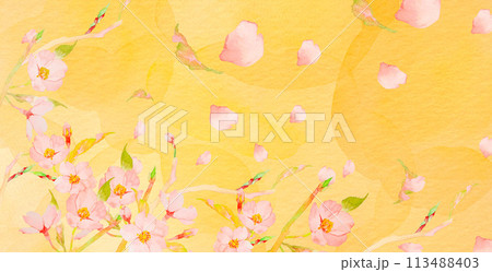 桜の花びらが舞う金色の水彩背景 桜の花びらが舞う金色の水彩背景 113488403