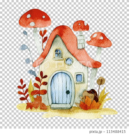 cute fairy house mushroom. watercolor drawing for children. house in the forest 113488415