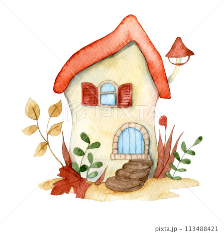 cute fairy house mushroom. watercolor drawing for children. house in the forest 113488421