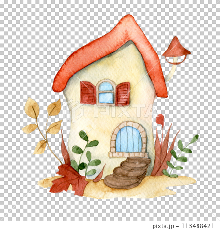 cute fairy house mushroom. watercolor drawing for children. house in the forest 113488421