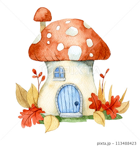 cute fairy house mushroom. watercolor drawing for children. house in the forest 113488423
