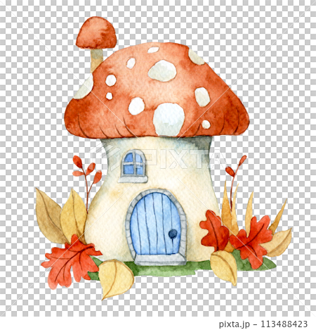 cute fairy house mushroom. watercolor drawing for children. house in the forest 113488423