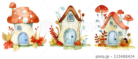 set of cute fairy mushroom houses. watercolor drawing for children. house in the forestset of cute fairy mushroom houses. watercolor drawing for children. house in the forest 113488424