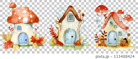 set of cute fairy mushroom houses. watercolor drawing for children. house in the forestset of cute fairy mushroom houses. watercolor drawing for children. house in the forest 113488424