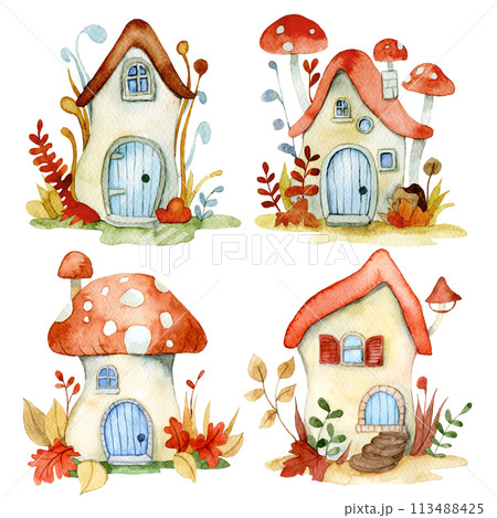 set of cute fairy mushroom houses. watercolor drawing for children. house in the forest 113488425