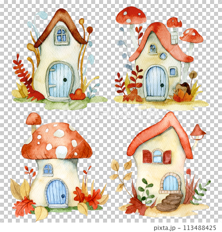 set of cute fairy mushroom houses. watercolor drawing for children. house in the forest 113488425