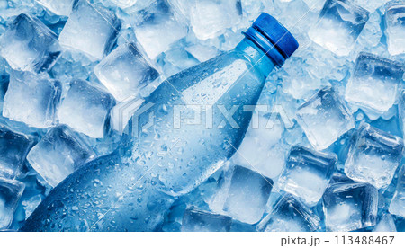Close-up of a Cold Plastic Bottle of Water on Ice Cubes - Generative Ai 113488467