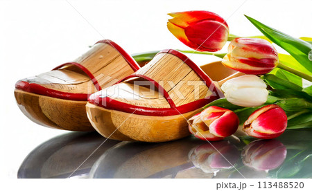 Dutch Wooden Clogs and Tulips Isolated on White Background - Generative Ai Dutch Wooden Clogs and Tulips Isolated on White Background - Generative Ai 113488520