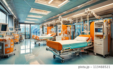 Empty Beds in a Modern Hospital Intensive Care Unit - Generative Ai Empty Beds in a Modern Hospital Intensive Care Unit - Generative Ai 113488521