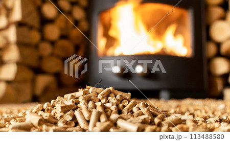 Heating with Wood Stove with Wooden Pellets in the Foreground - Generative Ai 113488580