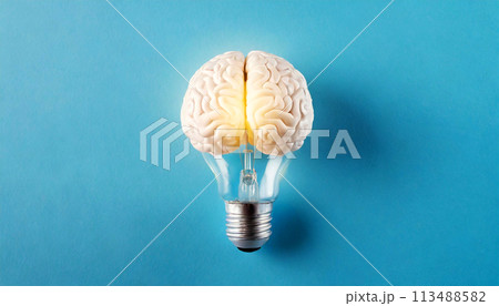 Human Brain inside the Glowing Light Bulb on a Blue Background - Generative Ai 113488582