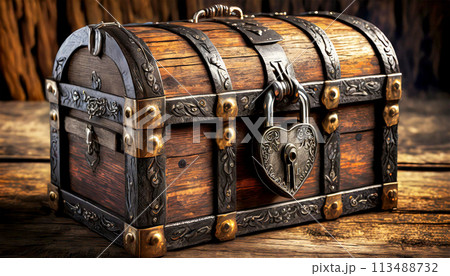 Ancient Treasure Chest with Heart-shaped Padlock - Generative Ai 113488732