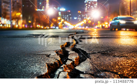 City Street With a Long Crack in the Asphalt After a Terrible Earthquake - Generative Ai 113488776