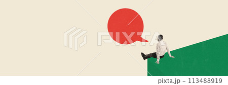 Businessman sitting with speech bubble. Conceptual creative design. Engagement in dialogue, conveying ideas, brainstorming solutions 113488919