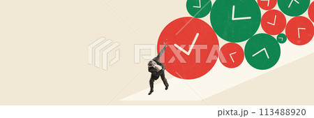Elderly businessman running away from many clocks. Conceptual creative design. Pressure and urgency of meeting deadlines and managing time effectively 113488920