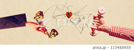 Contemporary art collage. Two hands using telephone handsets to speaking with heart in center on paper. 113488938