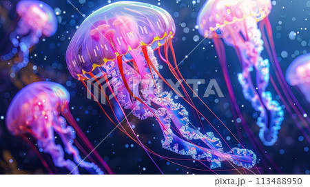 Capture the fluorescent jellyfish floating gracefully in zero-gravity with a pixel art digital rendering - a glimpse of otherworldly beauty Capture the fluorescent jellyfish floating gracefully in zero-gravity with a pixel art digital rendering - a glimpse of otherworldly beauty 113488950