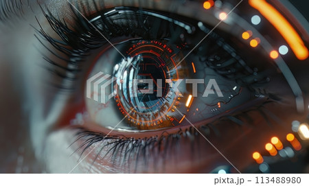 Explore a dramatic eye-level angle capturing futuristic technologies embodying horror thrills in a digital photorealistic rendering Explore a dramatic eye-level angle capturing futuristic technologies embodying horror thrills in a digital photorealistic rendering 113488980