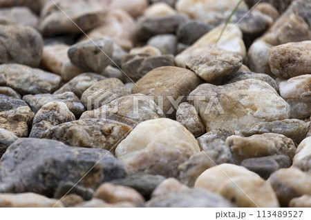 Picture on a floor consisting of different sized and colored stones Picture on a floor consisting of different sized and colored stones 113489527