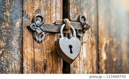 Wooden Door with Wrought Iron Latch and Heart-shaped Padlock - Generative Ai 113489730