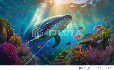 Dreamlike ocean underwater life scene with a giant whale swimming among different colorful fish and coral reef Dreamlike ocean underwater life scene with a giant whale swimming among different colorful fish and coral reef 113490257
