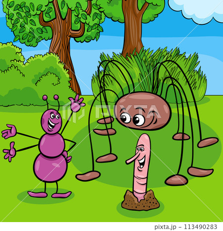 cartoon ant and opilion with earthworm insect characters 113490283