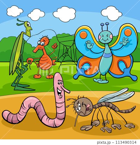 funny cartoon insects animal characters group 113490314