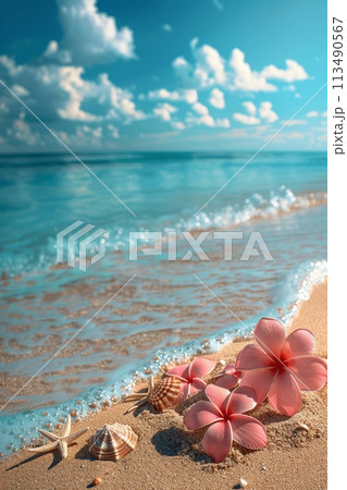 Beach Scene With Pink Flowers and Seashells 113490567