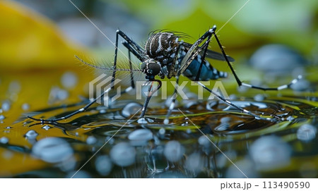 Mosquito Resting on Water Surface 113490590