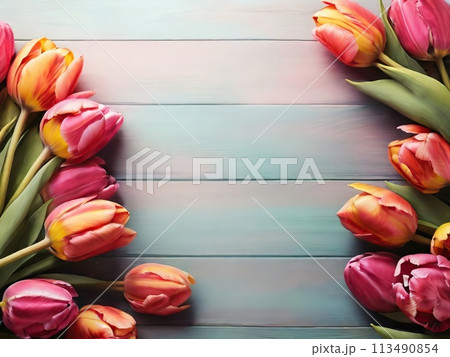 Beautiful tulips on light blue wooden background, top view. Space for text 113490854