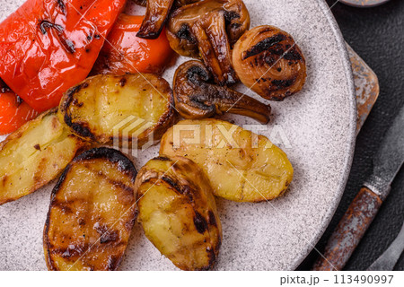 Delicious juicy grilled vegetables potatoes, tomatoes, peppers, eggplant 113490997