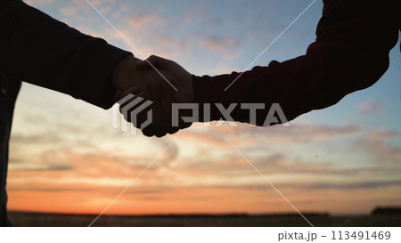 Handshake at sunset, silhouette in park field. Making deal teamwork cooperation successful joint business partnership of two people, farmers greeting saying goodbye showing respect with hand shaking. Handshake at sunset, silhouette in park field. Making deal teamwork cooperation successful joint business partnership of two people, farmers greeting saying goodbye showing respect with hand shaking. 113491469