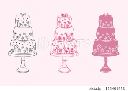 Three elaborately decorated tiered cakes are placed on a table, showcasing different designs and flavors. The cakes are carefully crafted with layers of frosting and intricate details 113491658