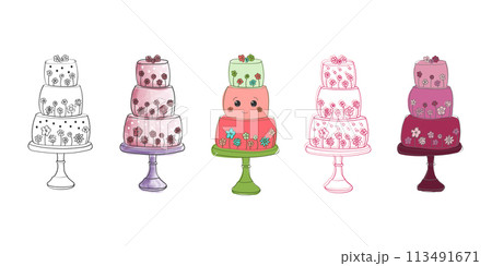 A display of different colored cakes stacked on top of each other in a neat row. Each cake showcases a vibrant hue and is neatly arranged to create a striking visual composition A display of different colored cakes stacked on top of each other in a neat row. Each cake showcases a vibrant hue and is neatly arranged to create a striking visual composition 113491671