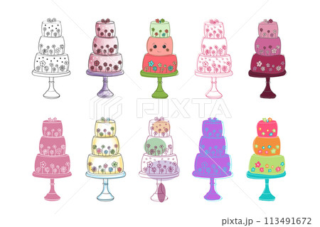 A variety of differently colored cakes is arranged neatly on a plain white background. Each cake is unique in color and design, creating a vibrant and visually appealing display 113491672