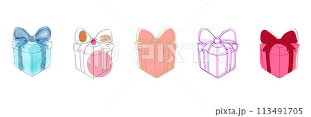 A collection of five boxes adorned with colorful bows, arranged neatly. The boxes vary in size and color, each with a unique bow on top, creating a visually appealing display A collection of five boxes adorned with colorful bows, arranged neatly. The boxes vary in size and color, each with a unique bow on top, creating a visually appealing display 113491705