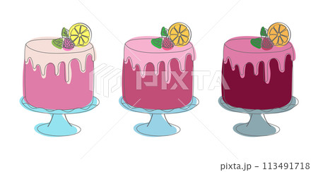Three cakes of different varieties are displayed with fresh lemon slices on top. Each cake showcases a unique design and flavor, accented by vibrant yellow citrus fruits Three cakes of different varieties are displayed with fresh lemon slices on top. Each cake showcases a unique design and flavor, accented by vibrant yellow citrus fruits 113491718