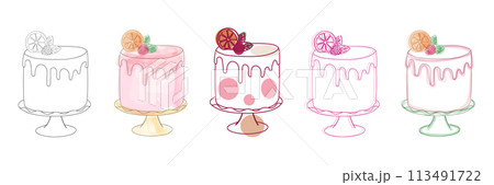 This drawing showcases five distinct types of cakes, each with unique designs and toppings. From classic chocolate cakes to fruity sponge cakes This drawing showcases five distinct types of cakes, each with unique designs and toppings. From classic chocolate cakes to fruity sponge cakes 113491722
