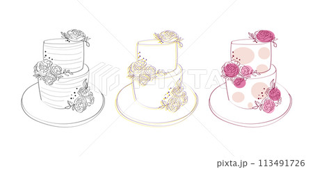 A hand-drawn illustration showcasing three distinct types of cakes, each with unique decorations and layers. The cakes are placed side by side, emphasizing their differences in design and flavor A hand-drawn illustration showcasing three distinct types of cakes, each with unique decorations and layers. The cakes are placed side by side, emphasizing their differences in design and flavor 113491726
