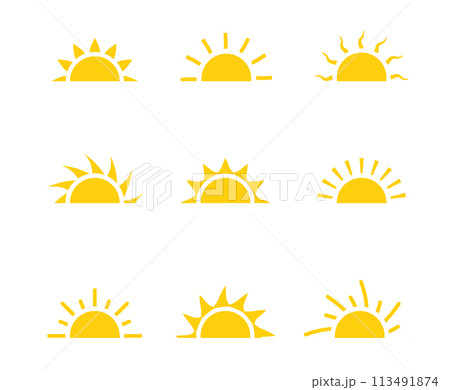 Yellow half sun vector icon logo. Silhouette circle sun summer sunshine collection half sunrise 113491874