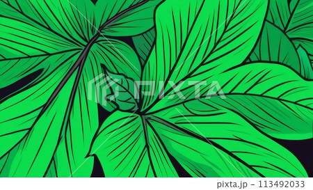 A striking display of animated green leaves in various shades of neon and lime 113492033
