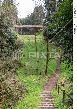 箕輪城　本丸と蔵屋敷をつなぐ木橋を空堀から見上げる 113492420