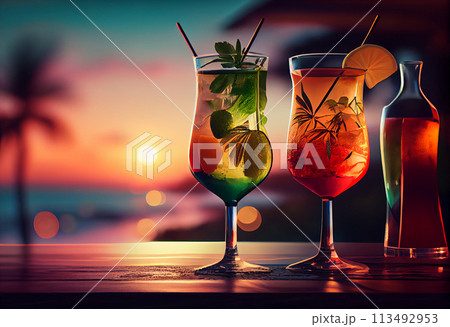 drinks with blur beach and sunset in background 113492953
