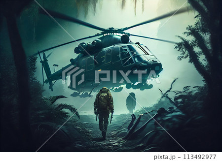 Helicopter soldier was landing in the jungle. Helicopter soldier was landing in the jungle. 113492977