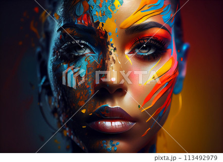 Woman's face painted with bright colors Woman's face painted with bright colors 113492979