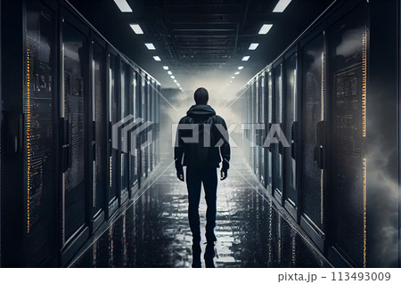 Cloud service engineer standing in front of a digital technology data center in ai server room Cloud service engineer standing in front of a digital technology data center in ai server room 113493009